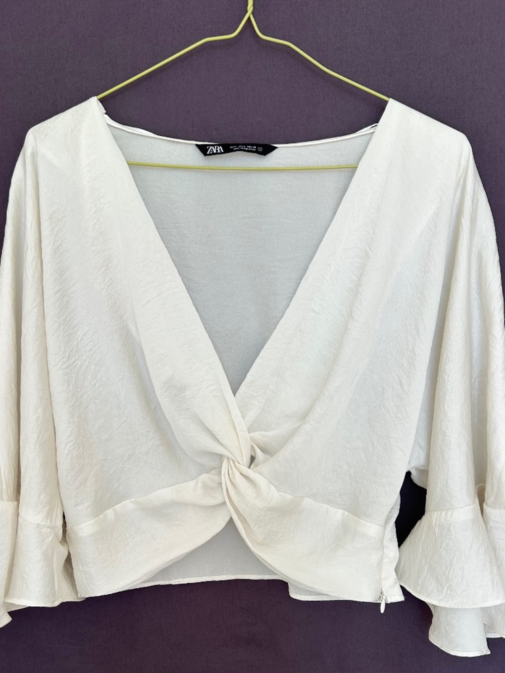 NWOT ZARA White Ecru Knot Front Crop Blouse Flared 3/4 Bell Sleeve L